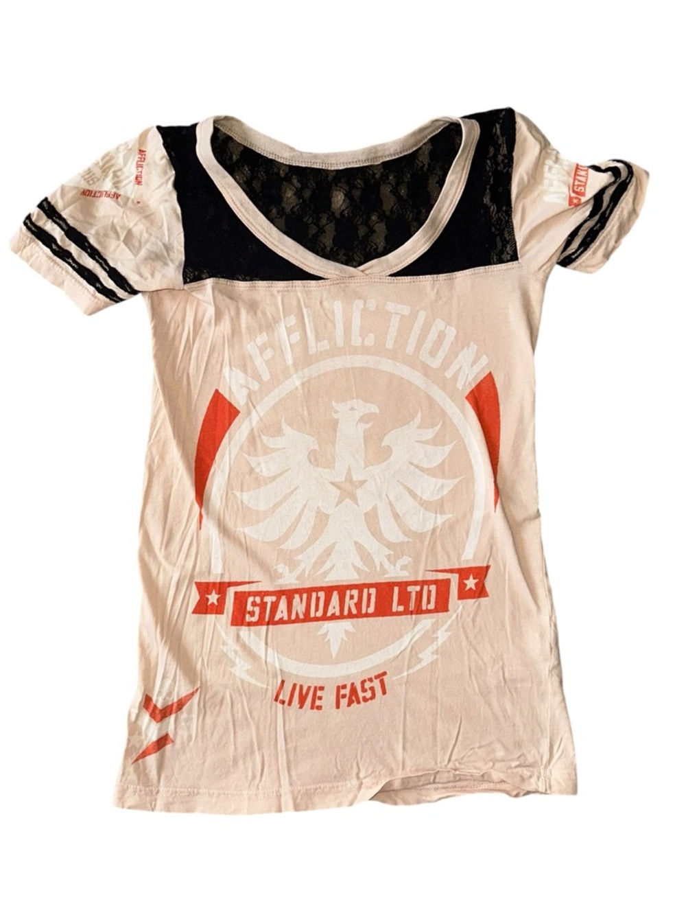 Affliction Cream Graphic V-neck Tee with Black Lace Yoke and Orange Accents